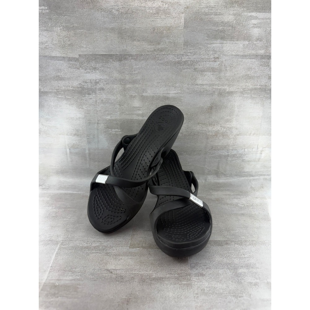 Crocs Cyprus II Black Strappy High Heel Sandals Women Size 8 Slip On Comfort